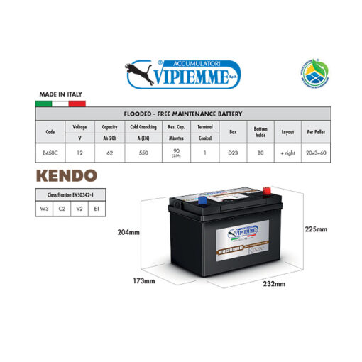 Аккумулятор VIPIEMME B458C KENDO 12V 62Ah EN550A