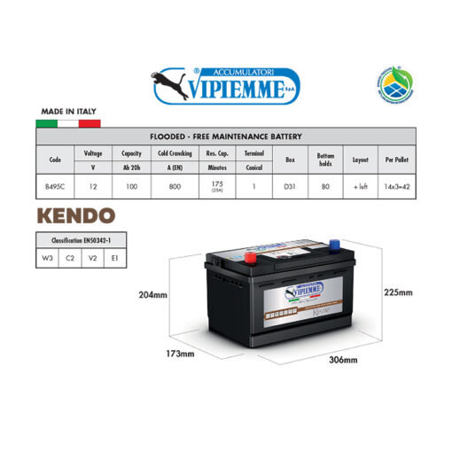Аккумулятор VIPIEMME B495C KENDO 12V 100Ah EN800A