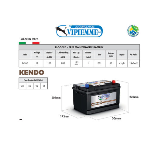Аккумулятор VIPIEMME B496C KENDO 12V 100Ah EN800A