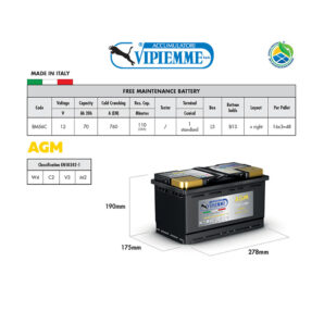 Аккумулятор VIPIEMME BM56C AGM L3 12V 70Ah EN760A Аккумулятор VIPIEMME BM56C AGM L3 12V 70Ah EN760A