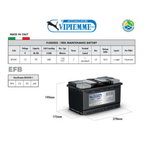 Acumulator VIPIEMME BF56C EFB L3 12V 70Ah EN680A Acumulator VIPIEMME BF56C EFB L3 12V 70Ah EN680A